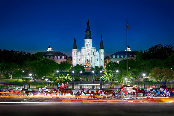 Jackson Square at Night with Carriages